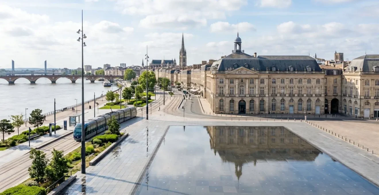 Vue en angle large de la Place de la Bourse à Bordeaux avec ses quais rénovés sous une lumière naturelle de jour