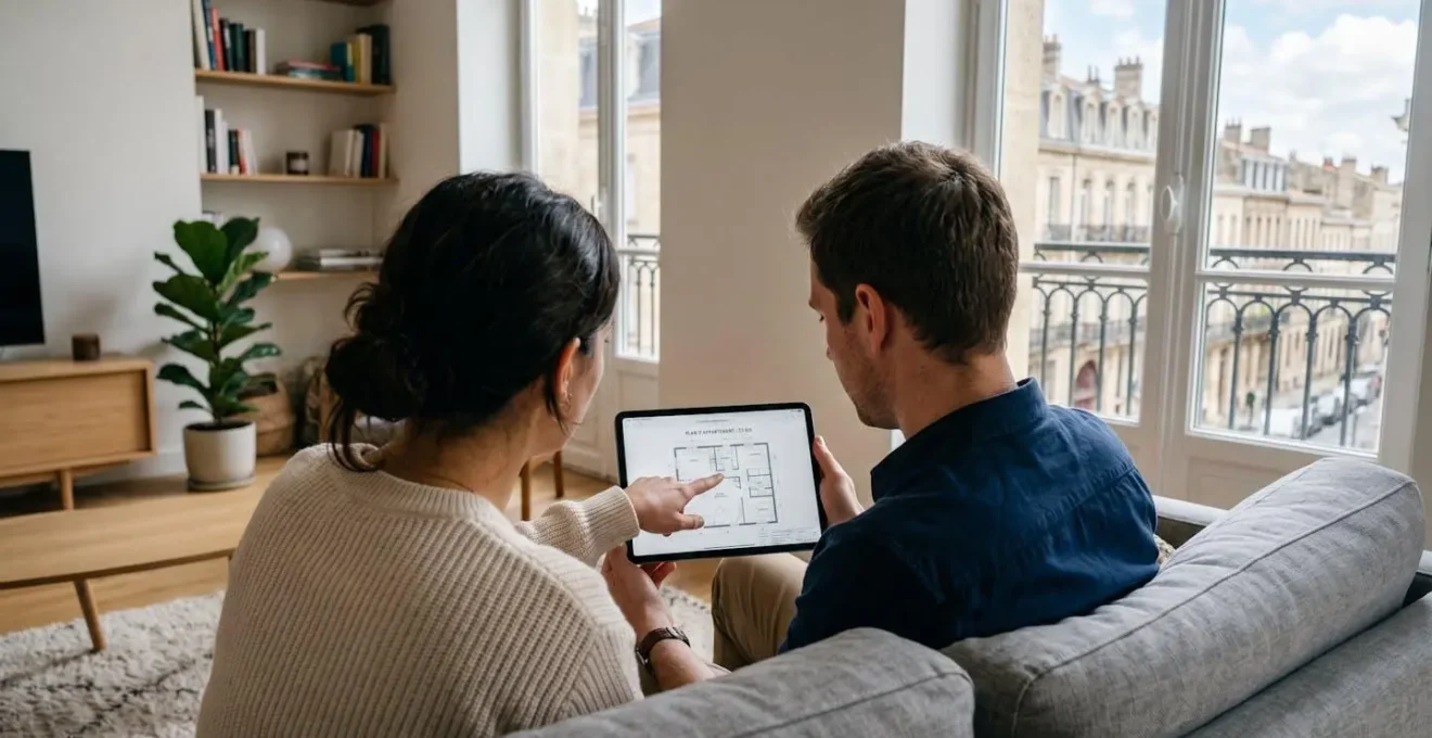 Un jeune couple vu de dos regarde des plans immobiliers sur une tablette dans un appartement lumineux avec vue sur l'architecture bordelaise