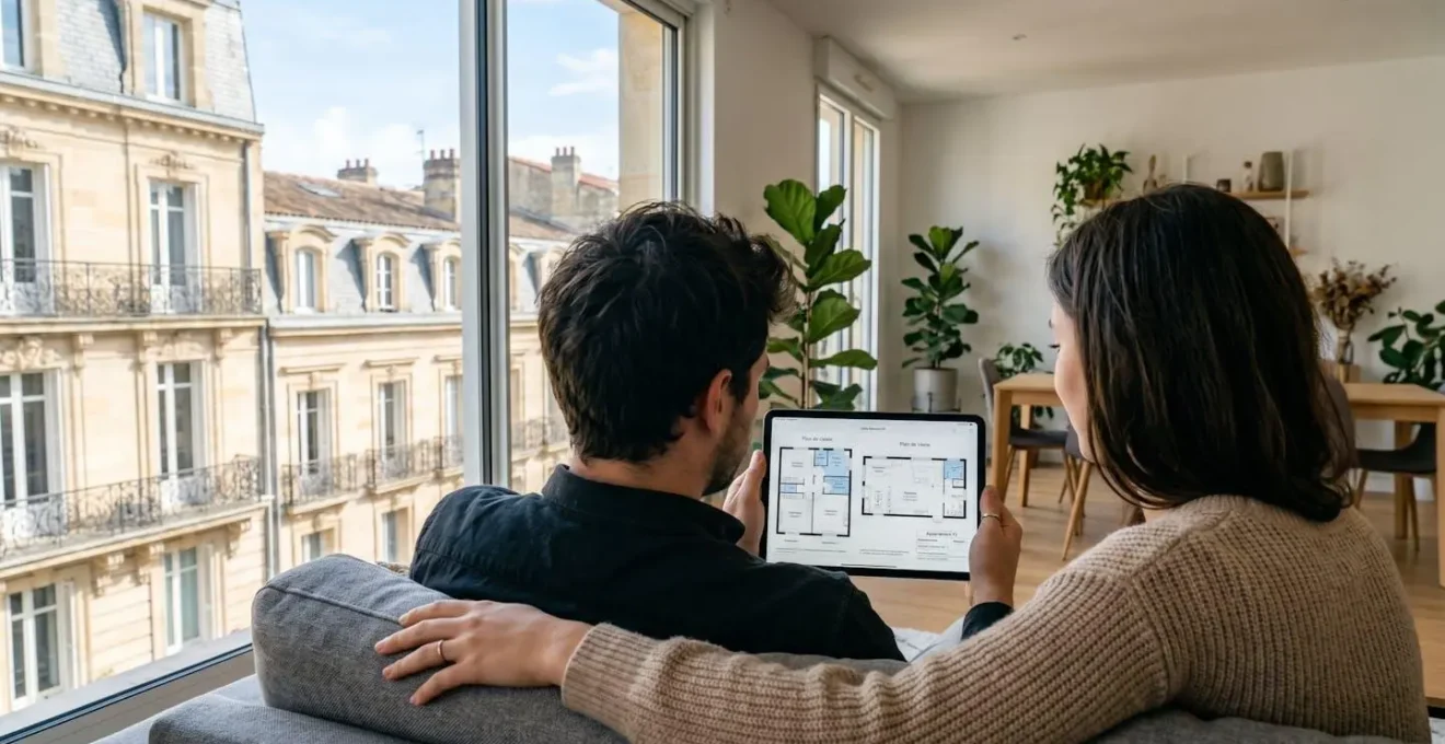 Un jeune couple vu de dos regarde des plans immobiliers sur une tablette dans un appartement lumineux avec vue sur l'architecture bordelaise