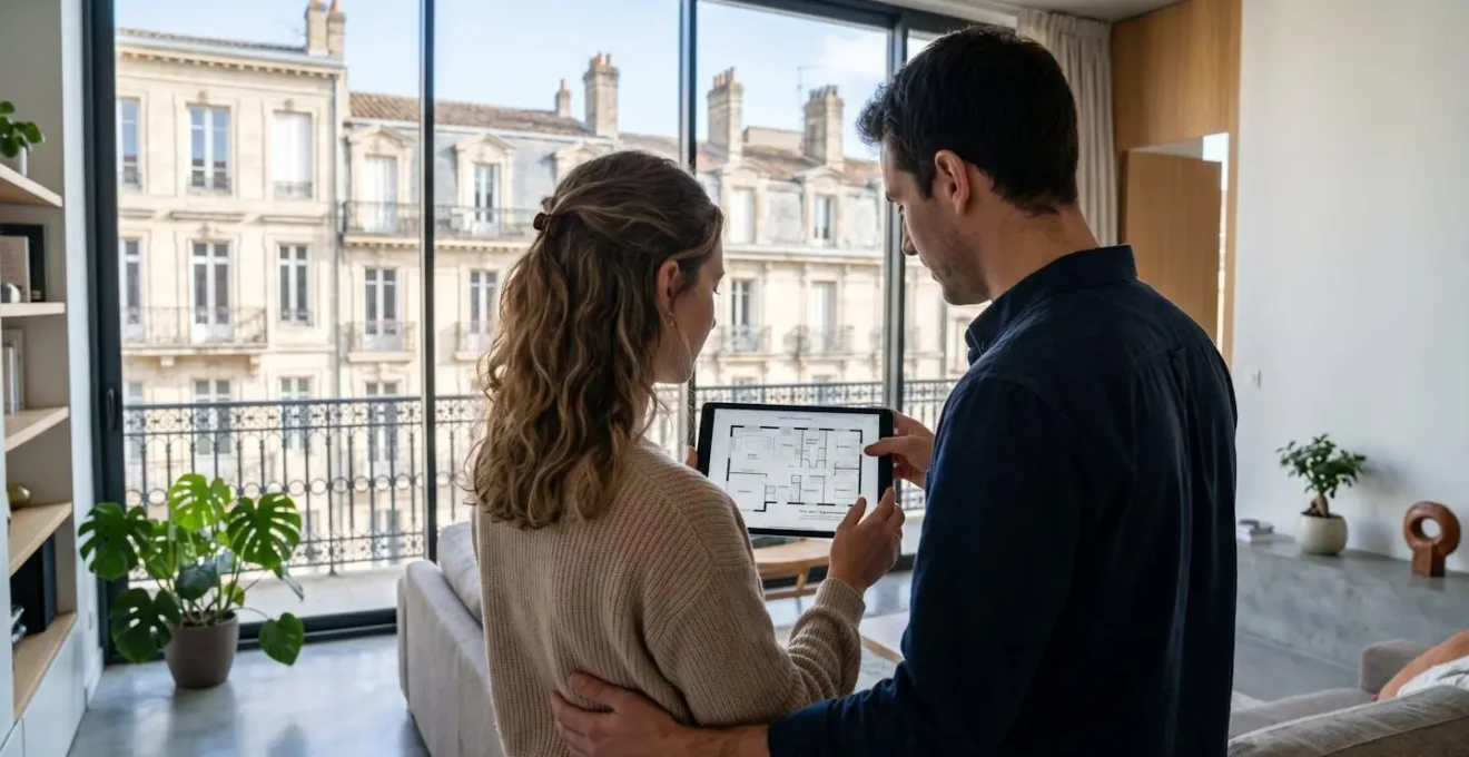 Un jeune couple vu de dos regarde des plans immobiliers sur une tablette dans un appartement lumineux avec vue sur l'architecture bordelaise
