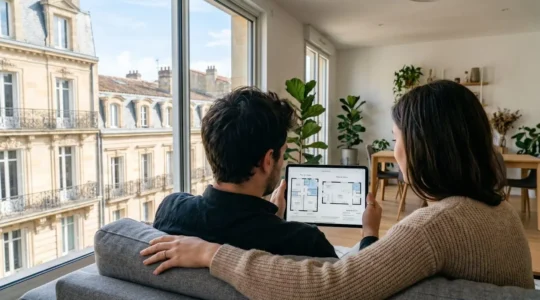 Un jeune couple vu de dos regarde des plans immobiliers sur une tablette dans un appartement lumineux avec vue sur l'architecture bordelaise