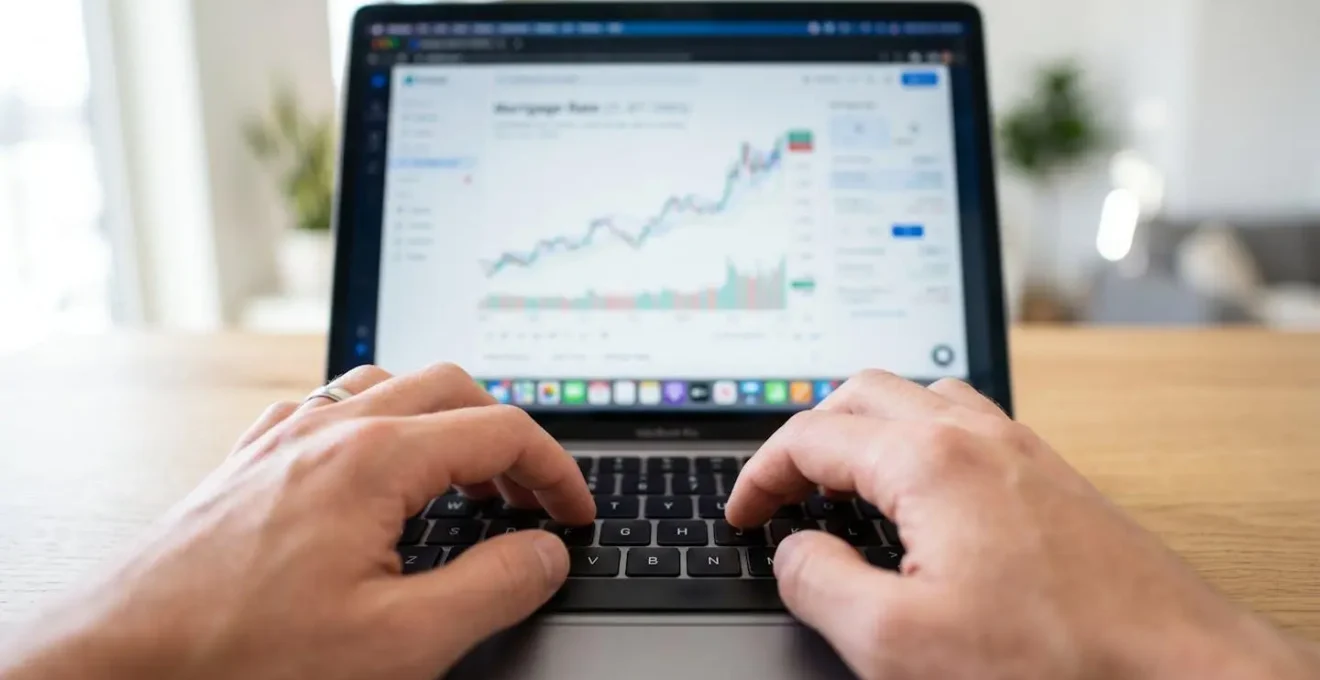 Gros plan sur des mains tapant sur un clavier d'ordinateur portable avec un graphique financier flouté visible à l'écran