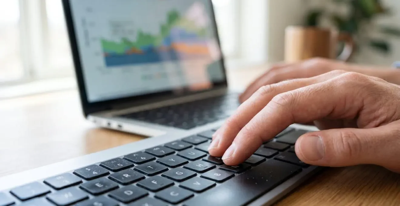 Gros plan sur des mains tapant sur un clavier d'ordinateur portable avec un graphique financier flouté visible à l'écran