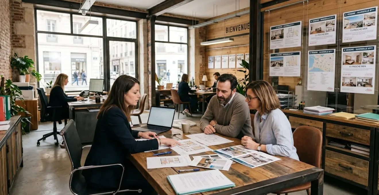 Agent immobilier consultant des dossiers avec des clients dans une agence contemporaine avec documentation visible