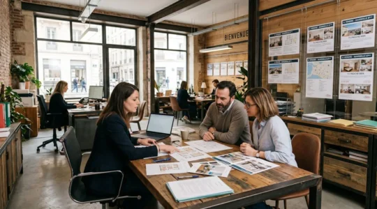 Agent immobilier consultant des dossiers avec des clients dans une agence contemporaine avec documentation visible