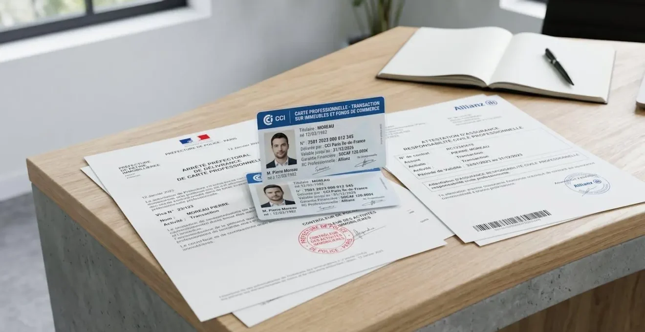 Carte professionnelle T et documents officiels d'agrément disposés sur un bureau professionnel