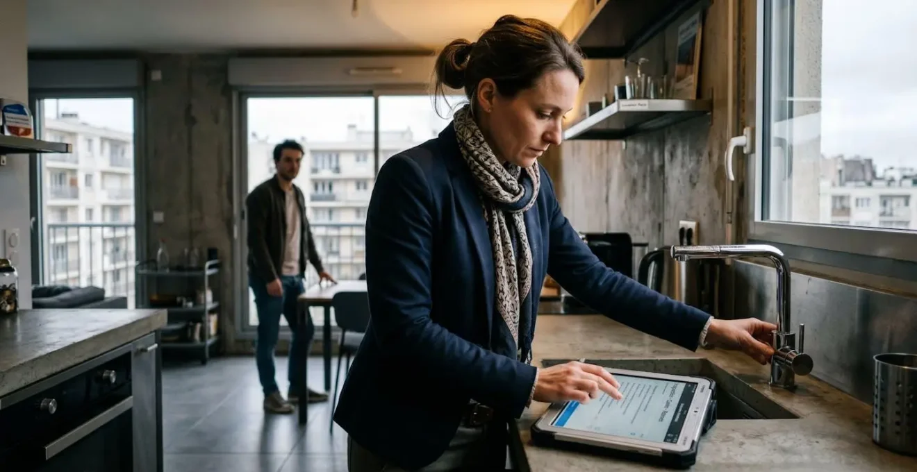 Gestionnaire immobilier effectuant un état des lieux détaillé avec une tablette numérique dans un appartement